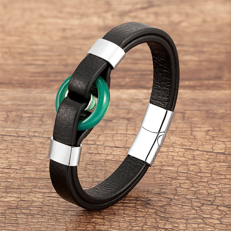 Nimara Ritual Round Green Aventurine Black Onyx Hematite Agate Rose Quartz Stone Balance Leather Magnetic Buckle Bracelet