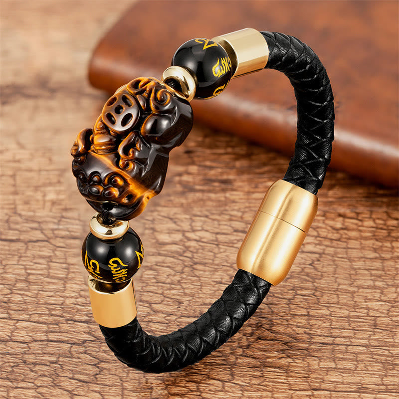 Nimara Ritual Tiger Eye Black Onyx Red Agate PiXiu Copper Coin Om Mani Padme Hum Strength Leather Bracelet
