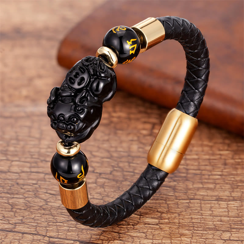 Nimara Ritual Tiger Eye Black Onyx Red Agate PiXiu Copper Coin Om Mani Padme Hum Strength Leather Bracelet