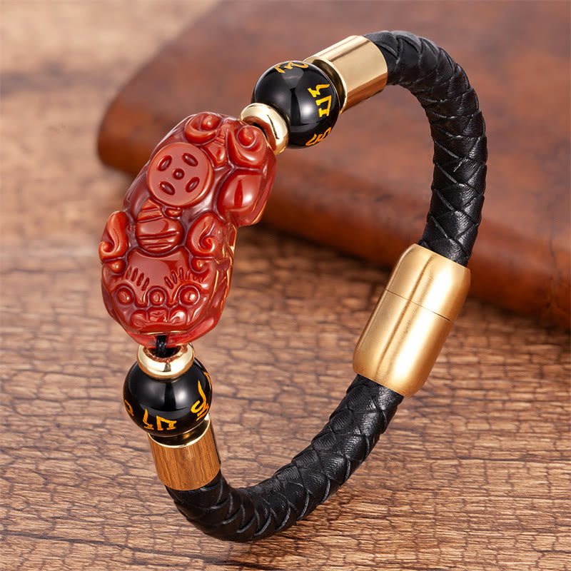 Nimara Ritual Tiger Eye Black Onyx Red Agate PiXiu Copper Coin Om Mani Padme Hum Strength Leather Bracelet
