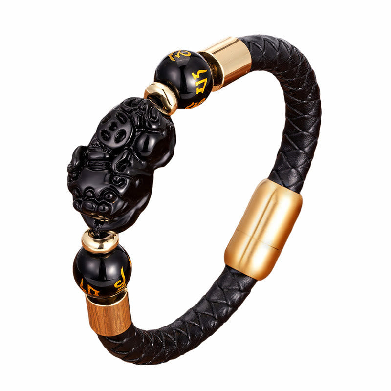 Nimara Ritual Tiger Eye Black Onyx Red Agate PiXiu Copper Coin Om Mani Padme Hum Strength Leather Bracelet