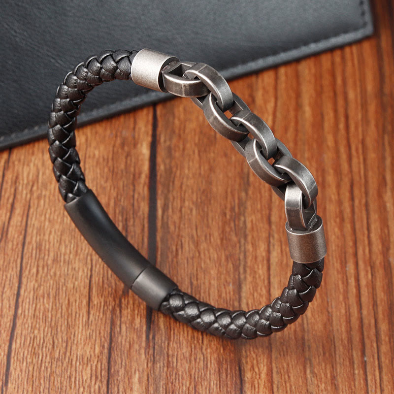 Nimara Ritual Chain Design Titanium Steel Balance Leather Braided Buckle Bracelet