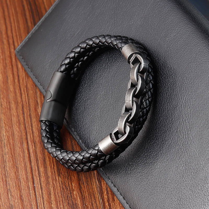 Nimara Ritual Chain Design Titanium Steel Balance Leather Braided Buckle Bracelet