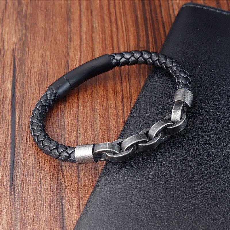 Nimara Ritual Chain Design Titanium Steel Balance Leather Braided Buckle Bracelet