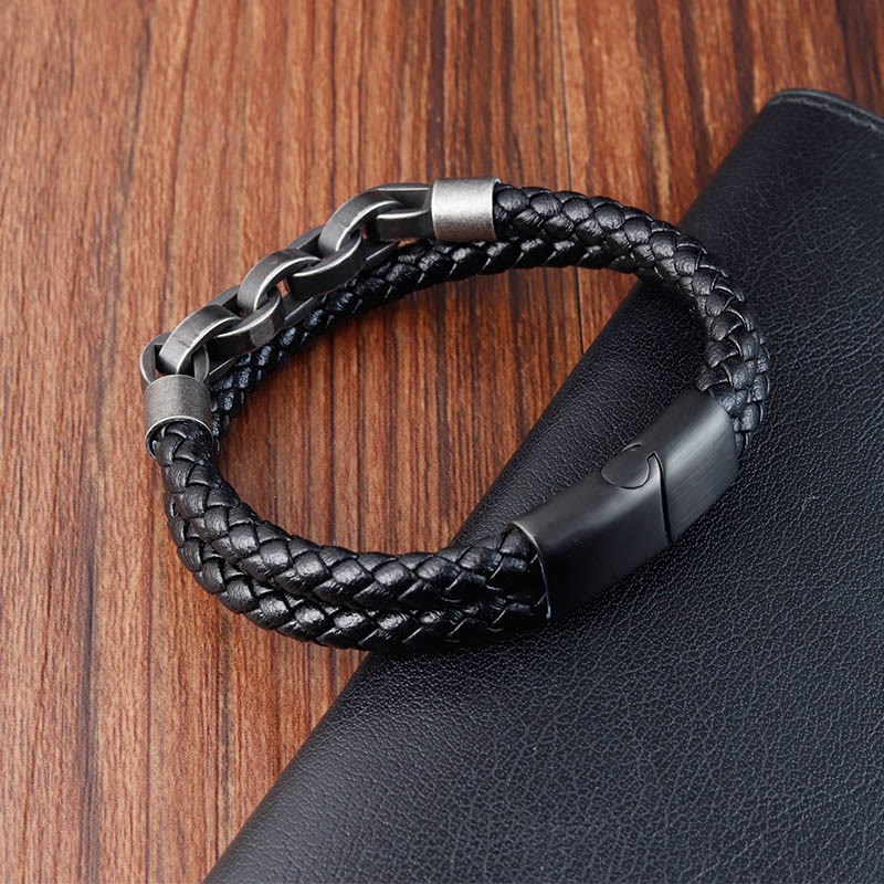 Nimara Ritual Chain Design Titanium Steel Balance Leather Braided Buckle Bracelet