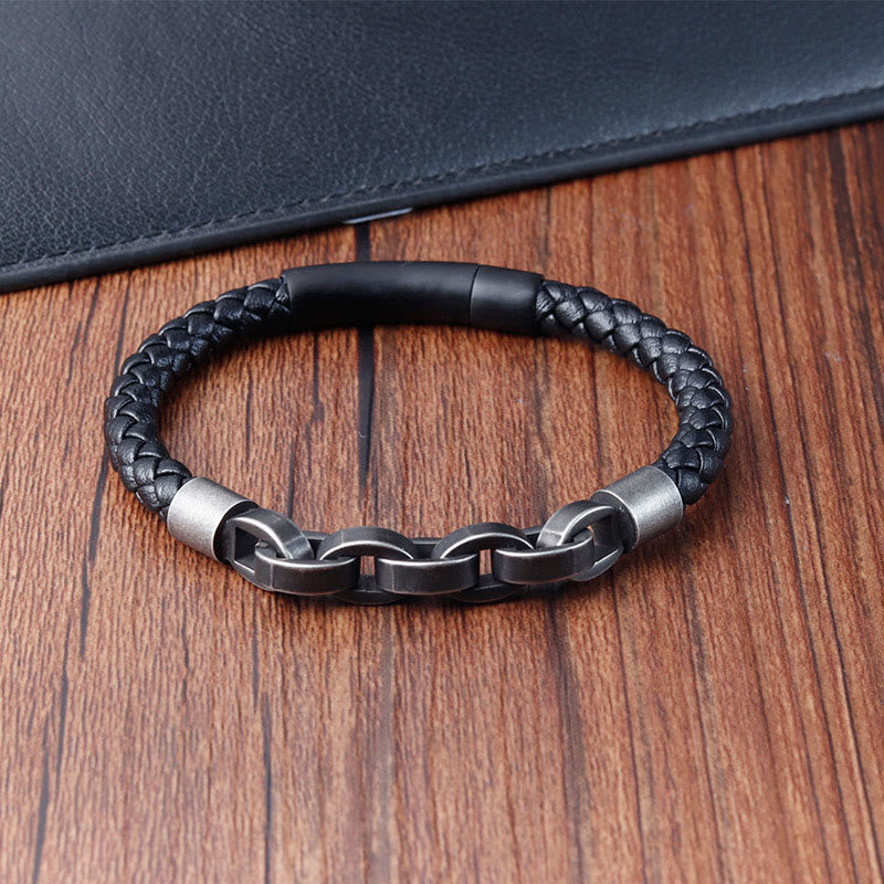 Nimara Ritual Chain Design Titanium Steel Balance Leather Braided Buckle Bracelet