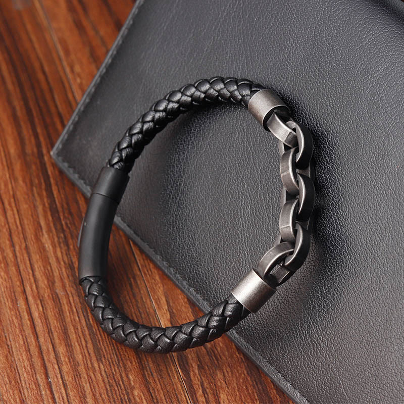 Nimara Ritual Chain Design Titanium Steel Balance Leather Braided Buckle Bracelet