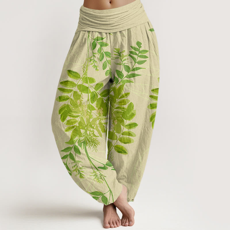 Nimara Ritual Cotton Green Leaves Branches Women's Elastic Waist Harem Pants