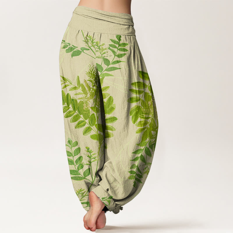 Nimara Ritual Cotton Green Leaves Branches Women's Elastic Waist Harem Pants