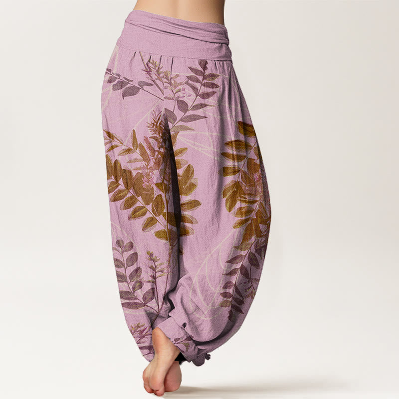 Nimara Ritual Cotton Green Leaves Branches Women's Elastic Waist Harem Pants