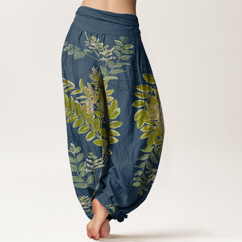 Nimara Ritual Cotton Green Leaves Branches Women's Elastic Waist Harem Pants
