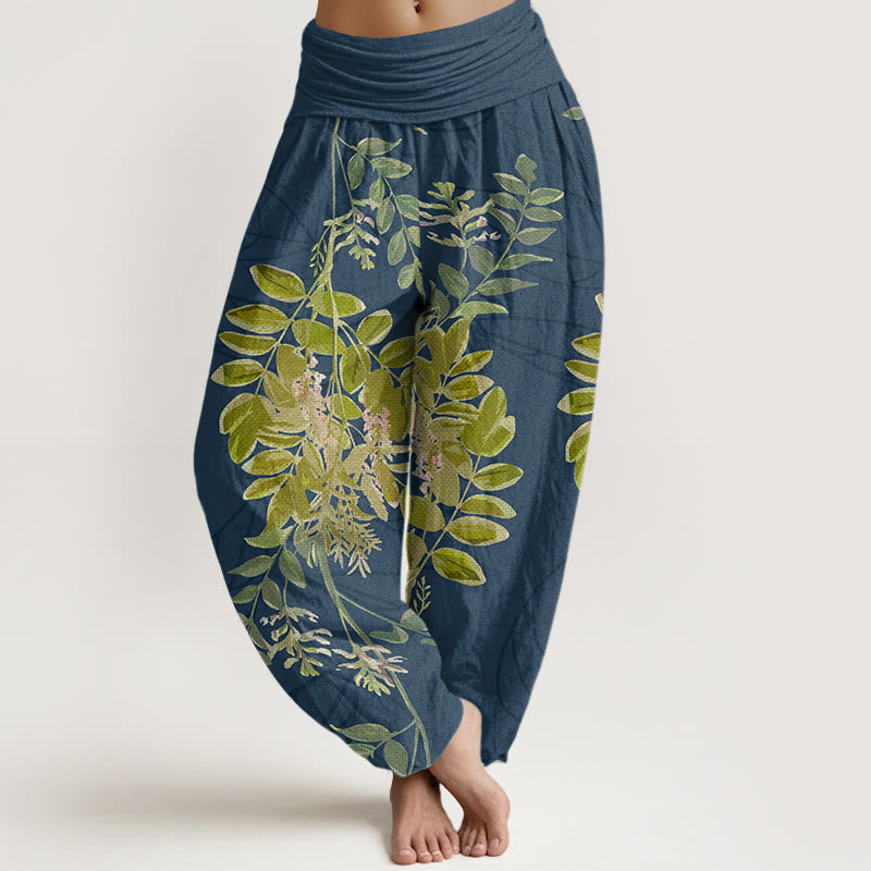 Nimara Ritual Cotton Green Leaves Branches Women's Elastic Waist Harem Pants