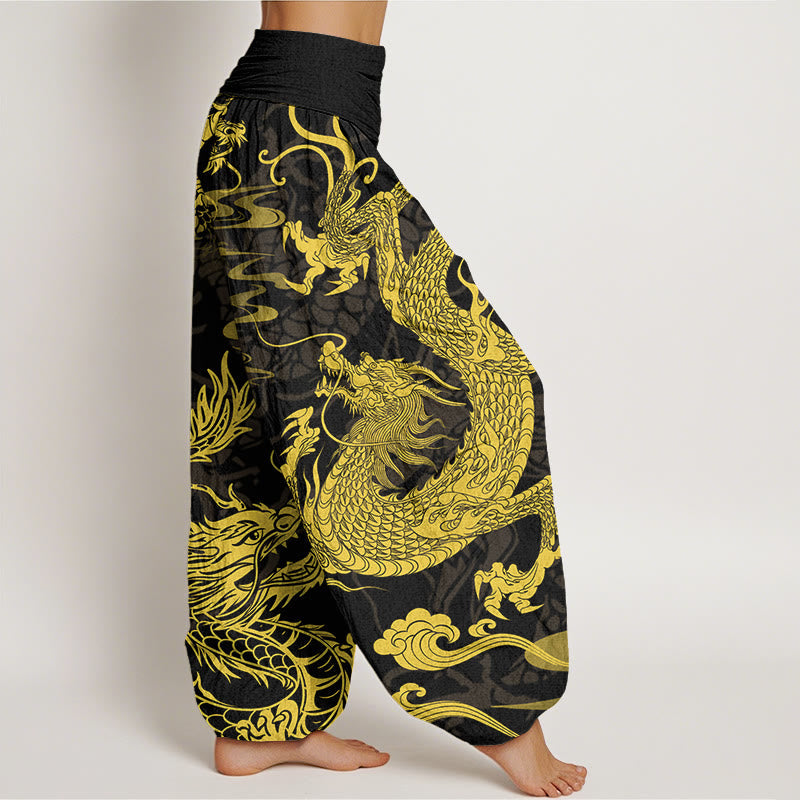 Nimara Ritual Cotton Dragon Auspicious Clouds Women's Elastic Waist Harem Pants