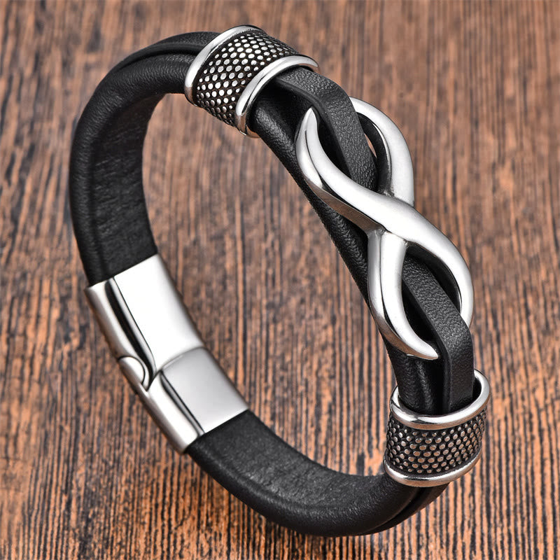Balance and Calm Endless Knot Infinity Symbol Design Titanium Steel Leather Buckle Bracelet