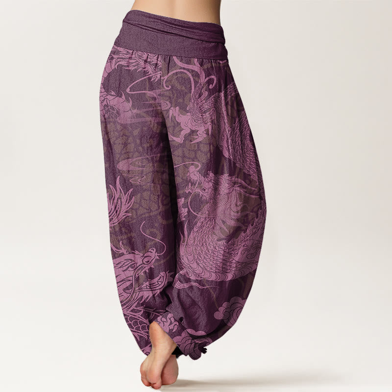Nimara Ritual Cotton Dragon Auspicious Clouds Women's Elastic Waist Harem Pants