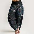Nimara Ritual Cotton Small White Blossoms Green Leaves Women's Elastic Waist Harem Pants