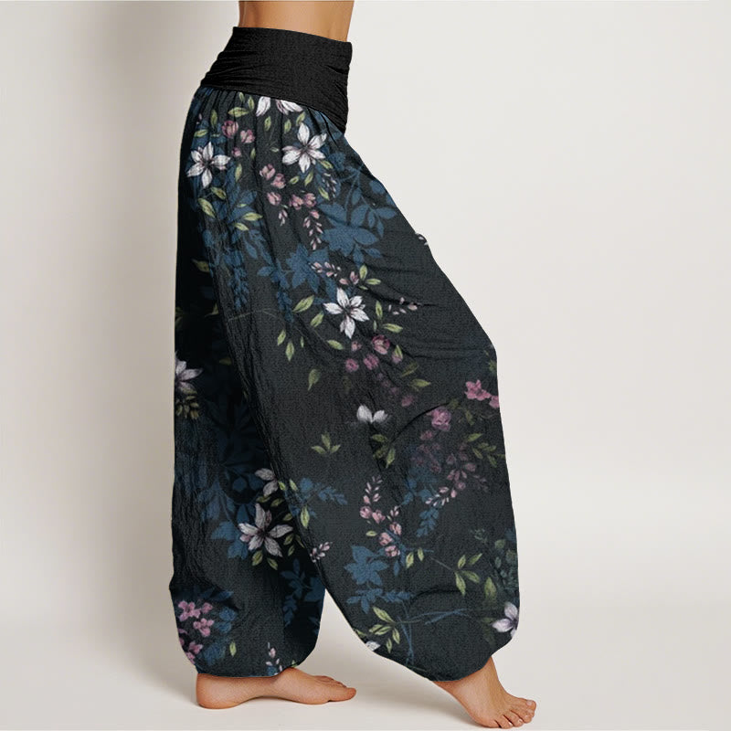Nimara Ritual Cotton Small White Blossoms Green Leaves Women's Elastic Waist Harem Pants