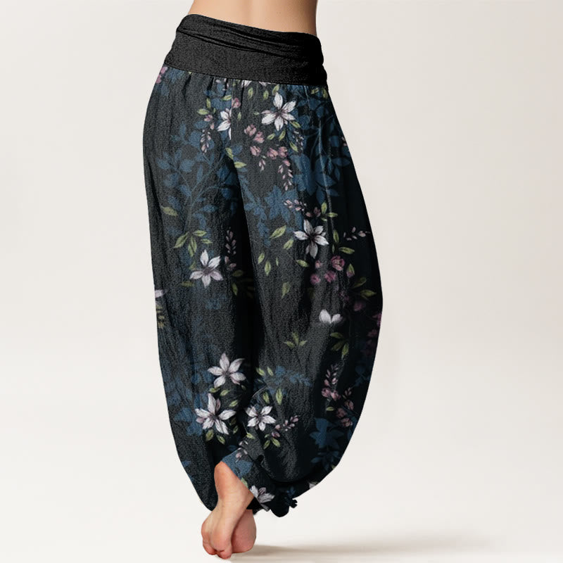Nimara Ritual Cotton Small White Blossoms Green Leaves Women's Elastic Waist Harem Pants