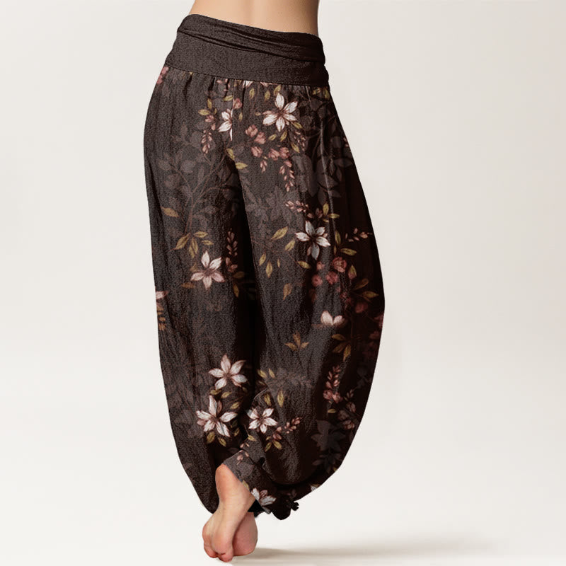 Nimara Ritual Cotton Small White Blossoms Green Leaves Women's Elastic Waist Harem Pants