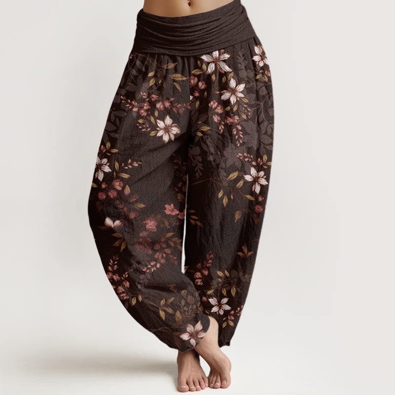 Nimara Ritual Cotton Small White Blossoms Green Leaves Women's Elastic Waist Harem Pants