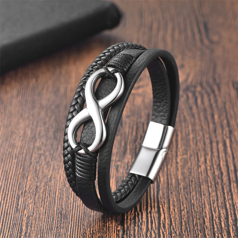 Nimara Ritual Eternal Endless Knot Infinity Symbol Titanium Steel Calm Leather Buckle Bracelet