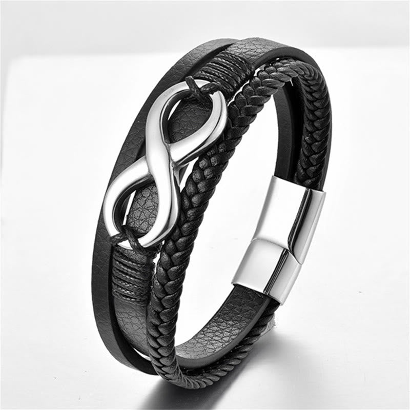 Nimara Ritual Eternal Endless Knot Infinity Symbol Titanium Steel Calm Leather Buckle Bracelet