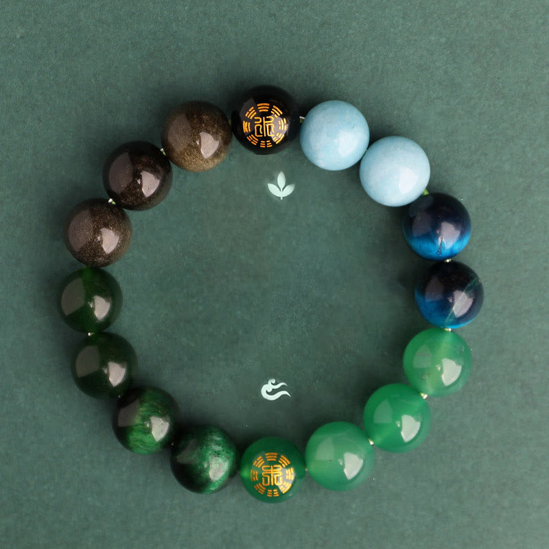 Nimara Ritual Five Elements Various Agate Crystal Black Onyx Green Chalcedony Aquamarine Wisdom Bracelet