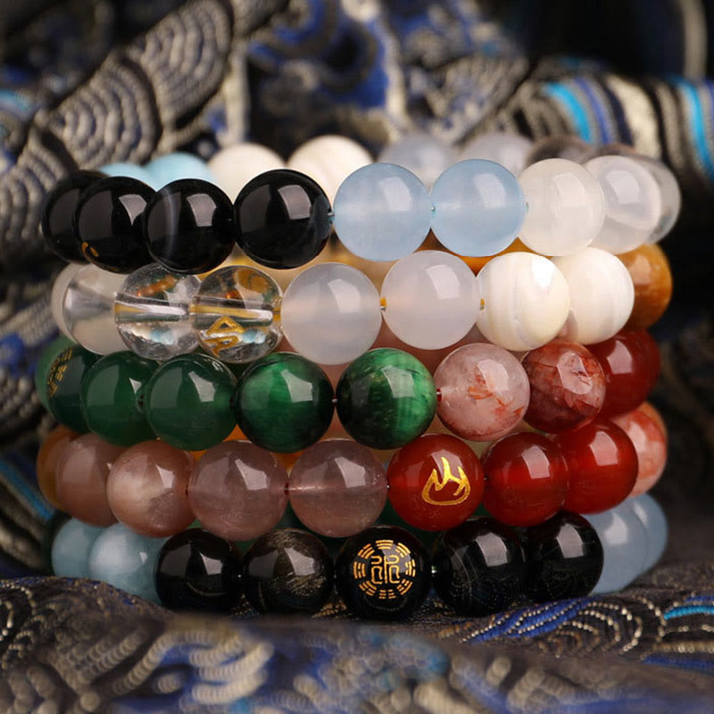 Nimara Ritual Five Elements Various Agate Crystal Black Onyx Green Chalcedony Aquamarine Wisdom Bracelet