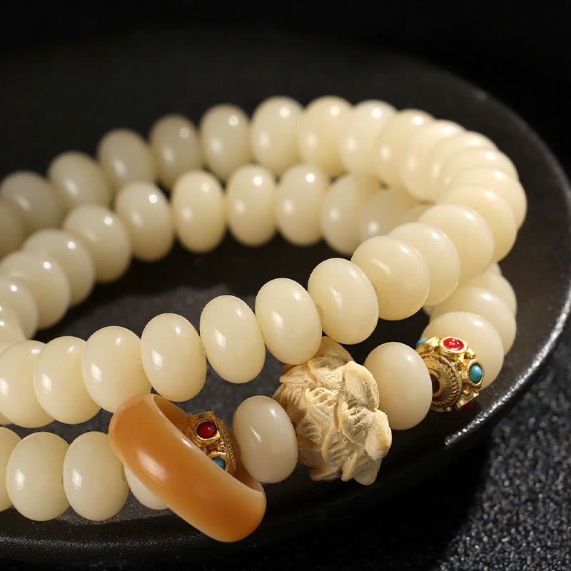 Nimara Ritual Bodhi Seed Peach Wood Lotus Wealth Double Wrap Bracelet