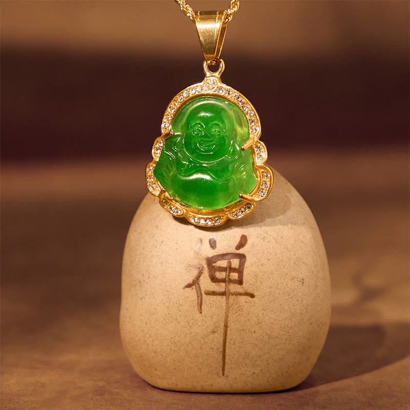 Nimara Ritual 18K Gold Filled Laughing Buddha Jade Luck Necklace Chain Pendant