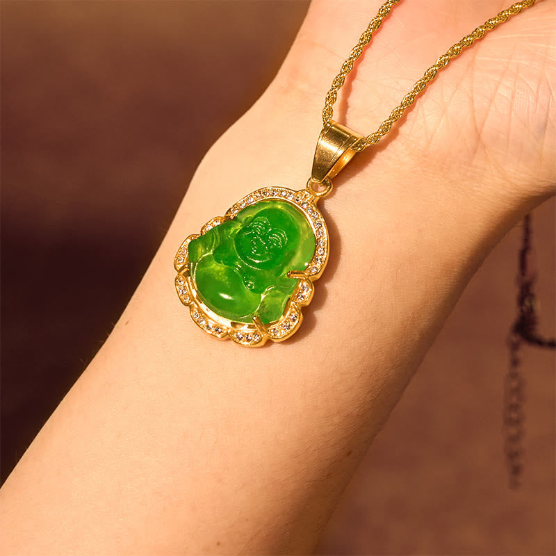 Nimara Ritual 18K Gold Filled Laughing Buddha Jade Luck Necklace Chain Pendant