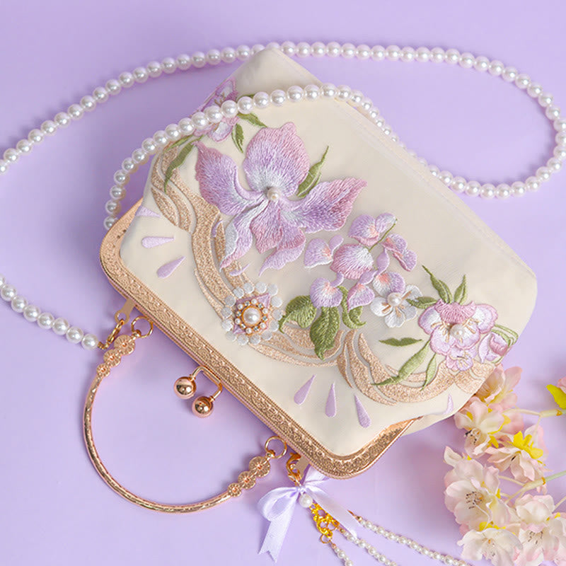 Nimara Ritual Flowers Embroidered Tassel Pendant Pearl Metal Chain Crossbody Bag Handbags