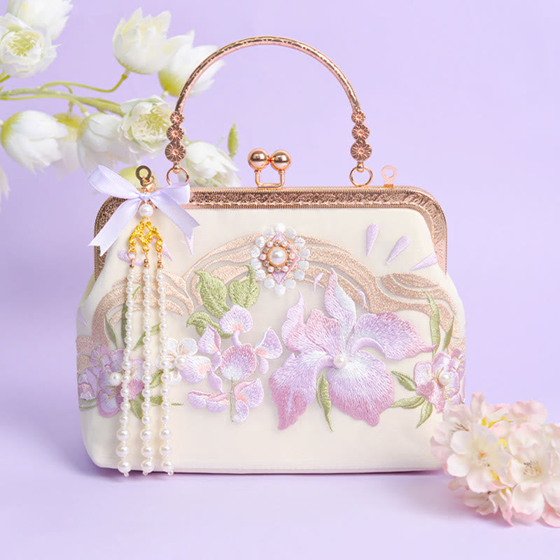 Nimara Ritual Flowers Embroidered Tassel Pendant Pearl Metal Chain Crossbody Bag Handbags