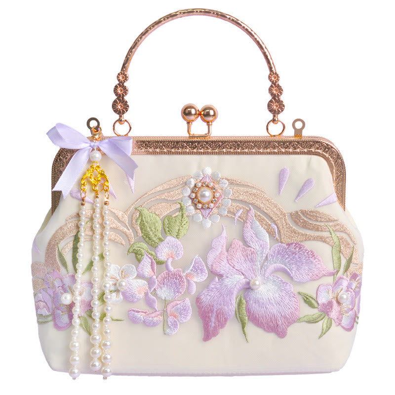 Nimara Ritual Flowers Embroidered Tassel Pendant Pearl Metal Chain Crossbody Bag Handbags