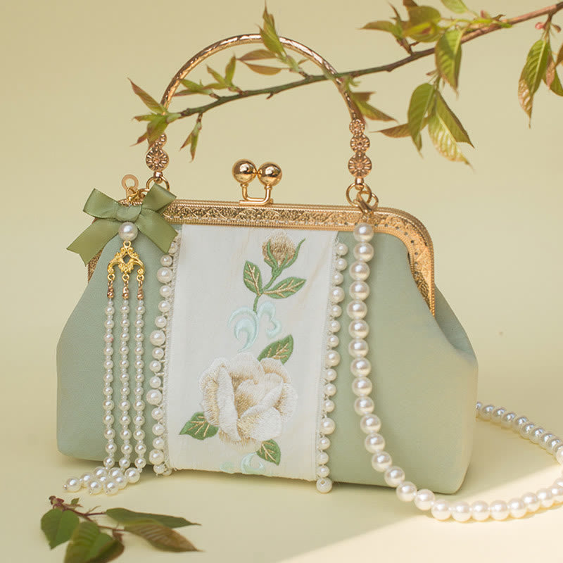 Nimara Ritual Double-sided Flowers Embroidery Pearl Pendant Metal Chain Crossbody Bag Handbags