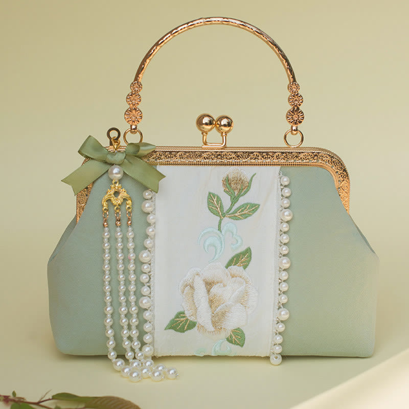 Nimara Ritual Double-sided Flowers Embroidery Pearl Pendant Metal Chain Crossbody Bag Handbags