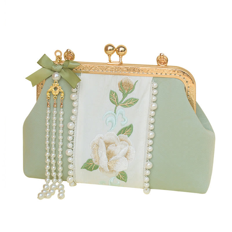 Nimara Ritual Double-sided Flowers Embroidery Pearl Pendant Metal Chain Crossbody Bag Handbags