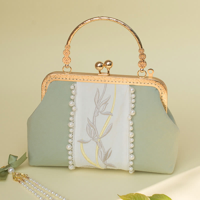 Nimara Ritual Double-sided Flowers Embroidery Pearl Pendant Metal Chain Crossbody Bag Handbags