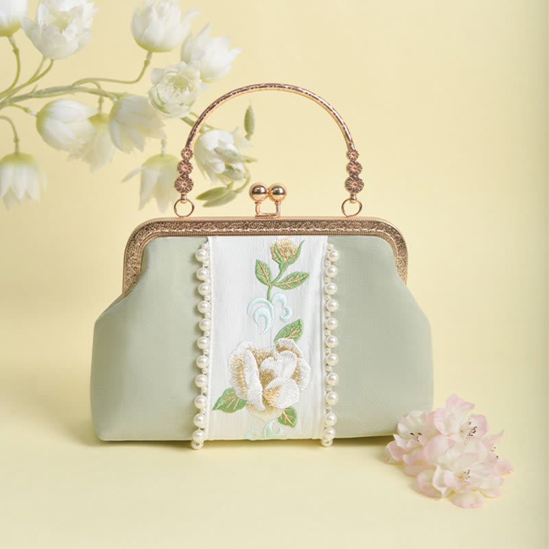Nimara Ritual Double-sided Flowers Embroidery Pearl Pendant Metal Chain Crossbody Bag Handbags