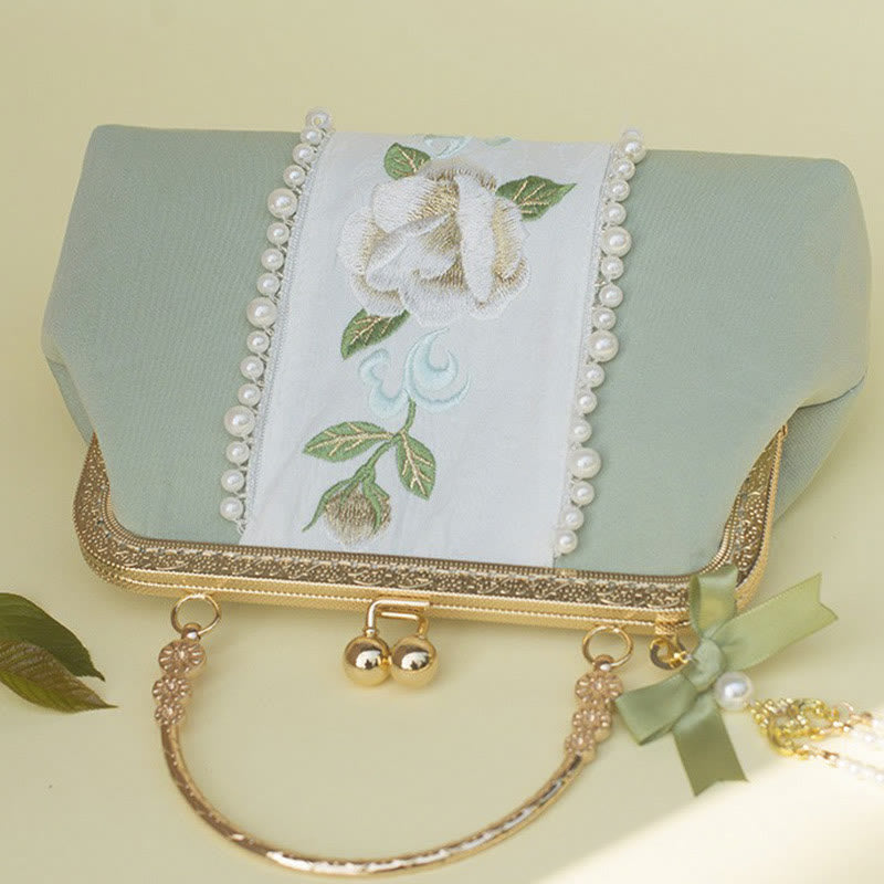 Nimara Ritual Double-sided Flowers Embroidery Pearl Pendant Metal Chain Crossbody Bag Handbags