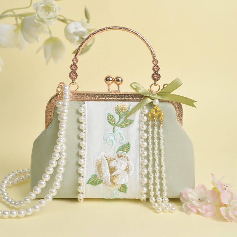 Nimara Ritual Double-sided Flowers Embroidery Pearl Pendant Metal Chain Crossbody Bag Handbags
