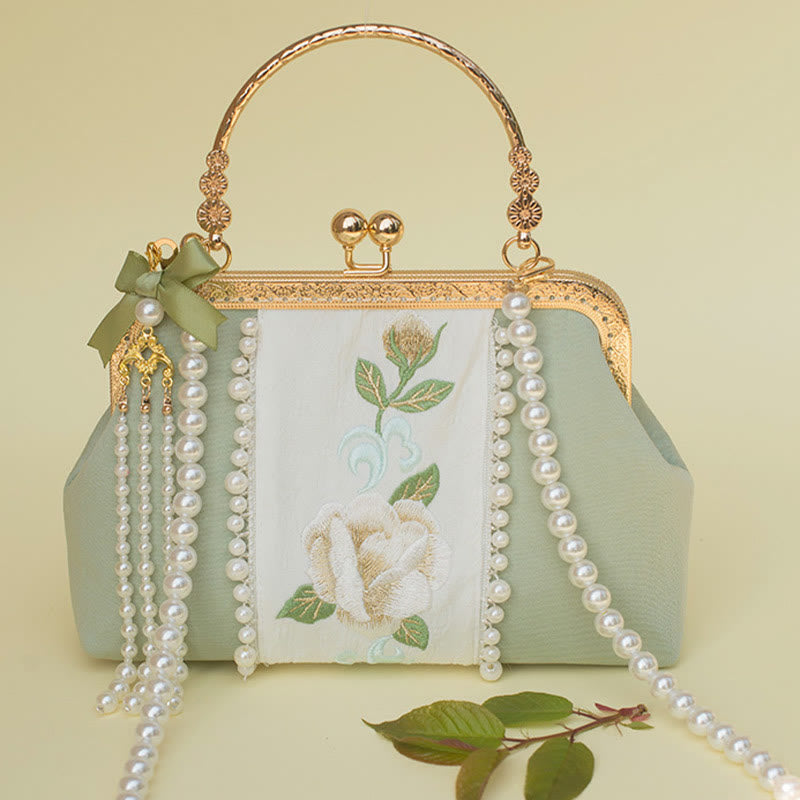 Nimara Ritual Double-sided Flowers Embroidery Pearl Pendant Metal Chain Crossbody Bag Handbags
