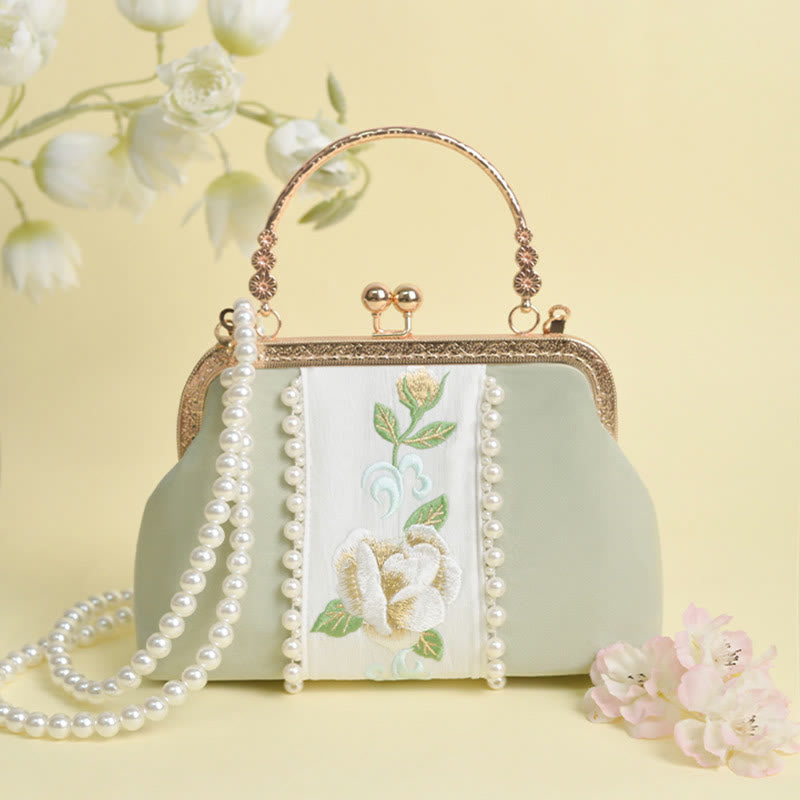 Nimara Ritual Double-sided Flowers Embroidery Pearl Pendant Metal Chain Crossbody Bag Handbags