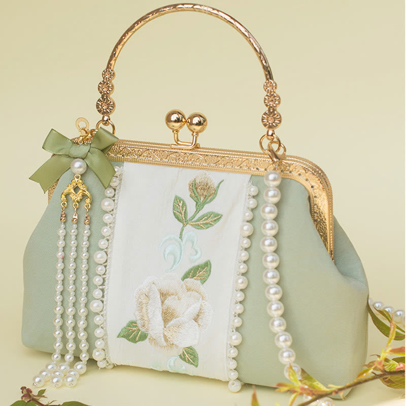 Nimara Ritual Double-sided Flowers Embroidery Pearl Pendant Metal Chain Crossbody Bag Handbags