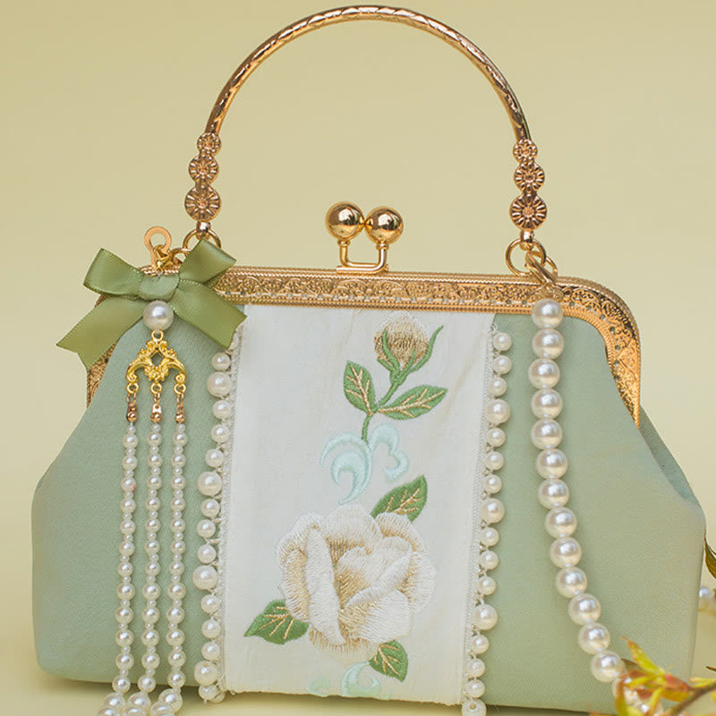 Nimara Ritual Double-sided Flowers Embroidery Pearl Pendant Metal Chain Crossbody Bag Handbags