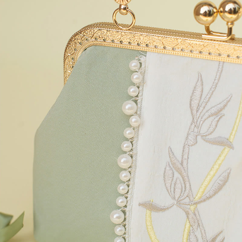 Nimara Ritual Double-sided Flowers Embroidery Pearl Pendant Metal Chain Crossbody Bag Handbags