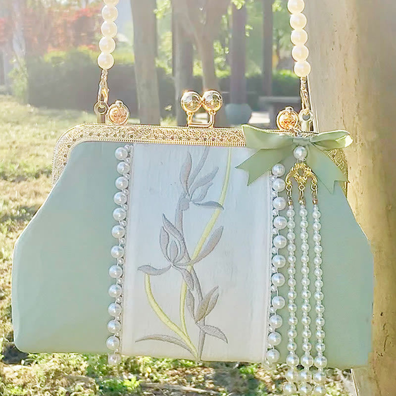 Nimara Ritual Double-sided Flowers Embroidery Pearl Pendant Metal Chain Crossbody Bag Handbags