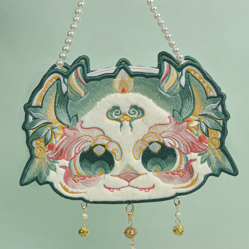 Nimara Ritual Double-sided Mythical Beast Bai Ze Embroidery Pearl Chain Tassel Shoulder Bag Crossbody Bag