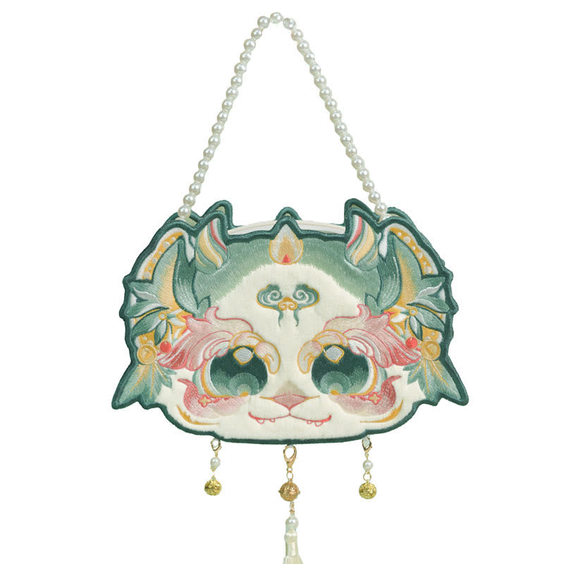 Nimara Ritual Double-sided Mythical Beast Bai Ze Embroidery Pearl Chain Tassel Shoulder Bag Crossbody Bag