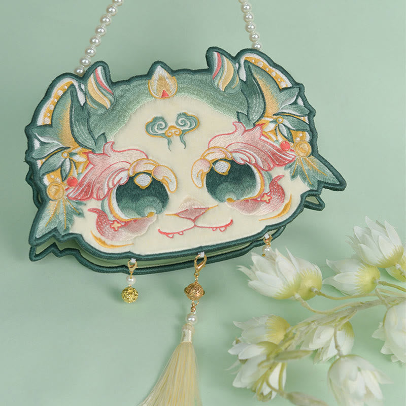 Nimara Ritual Double-sided Mythical Beast Bai Ze Embroidery Pearl Chain Tassel Shoulder Bag Crossbody Bag